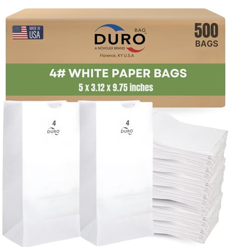 Duro 4# White Paper Bags 500-Count, White Sandwich Paper Bags, Candy, Snacks, Treats, Popcorn Bags & Bulk Disposable Lunch Sacks - 5.00 x3.12 x 9.75 Inches