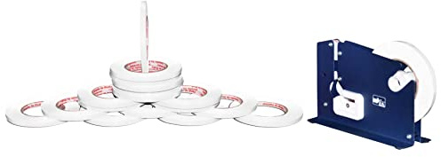 PSBM White Poly Bag Sealing Tape with Dispenser, 6 Rolls, 2.3 Mil Thick, 3/8 Inch Wide, 180 Yards Per Roll, Total 1080 Yards, Colored Sealer Tapes for Wrapping, Packaging & Sealing Food Products