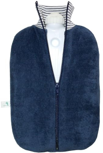 Hugo Frosch Öko-Wärmflasche 2,0 l mit Biobaumwolle-Bezug Marine-Blau | Große formstabile Bettflasche Made in Germany, geruchsneutral, kuscheliger Überzug mit Zipper, abnehmbar & waschbar