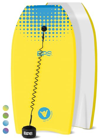 BPS 'Shaka' Lightweight Body Board - EPS Core Bodyboard with Wrist Leash for Beach Pool Surfing Kids Teens Adults (Yellow Blue, 37 Inch)