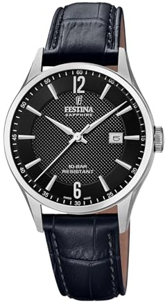 Festina SWISS MADE Orologio Uomo Analogico Pelle Nera - Quarzo Data - Vetro Zaffiro Resistente - Impermeabile 10 ATM Elegante - F20007/4 Classic Leather