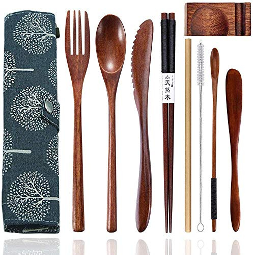 Wooden Utensils for Eating Travel Reusable Utensils Flatware Silverware Set with Case 9 Pcs Wood Cutlery Set with Wooden Spoons and Forks for Eating