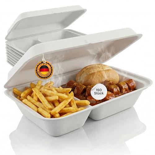 LogiPack GeRo 150 Stück Bio Take Away Box 2-geteilt weiß 250 x 162 x 63 mm aus Zuckerrohr | nachhaltige To Go Lunchbox Transportbox | Lebensmittel Behälter Einweg | kompostierbar auslaufsicher