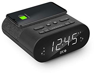 SPC Frodi QI Radio Despertador con Carga inalámbrica para tu Smartphone con 2 alarmas y 10 memorias para Tus emisoras de Radio, Negro