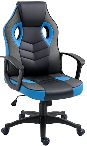 Vinsetto Sedia Gaming Ergonomica, Poltrona da Ufficio Girevole con Rotelle in Pelle PU Nera e Blu, Altezza Regolabile