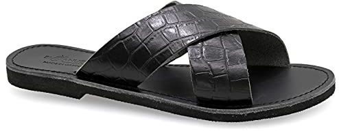 41 Krokodil Schwarz Emmanuela griechische Zehenring Sandalen aus Leder, hochwertige handgefertigte verstellbare Schnallenriemen Sommerschuhe, Knöchel Manschette Sandalen
