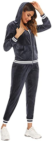 Enjyam Damträningsdress i velour, mysig Nicki-hemmadress, tvådelad joggingdress i mjuk sammet med ribbad jacka med dragkedja och byxor med ficka, GRÅ, XL