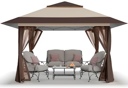 CROWN SHADES 13x13 Pop Up Gazebo, Canopy Tent, Gazebos on Clearance - Outdoor Gazebo for Backyard & Patio Furniture - Carpa Pop Up Tent with Wheeled STO-N-Go Cover Bag (Beige & Coffee)