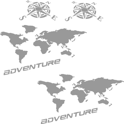 Nouvelle Génération 2 Autocollants Stickers Planisphère Aventure de 34 cm + 2 Autocollants Roses des Vents de 15 cm valises pour Moto Enduro Trail Off Road 4 x 4 (Blanc Brillant)