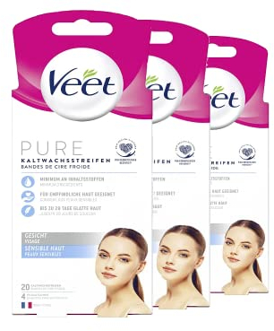 Veet PURE Kaltwachsstreifen – Geeignet für sensible Haut – Anwendung für Gesicht – Bis zu 28 Tage glatte Haut – 10 x Doppelstreifen à 20 Anwendungen - 3er Pack