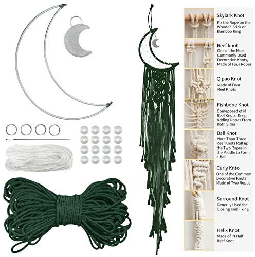 LEREATI DIY Makramee Set für Anfänger, Mond Traumfänger Bastelset Erwachsene, Wandbehänge Dekoration Ornament Zubehör Set Enthält Makramee Garn 3mm, Metall Ringe, Perlen (Dunkelgrün)