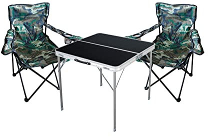 3tlg. Campingmöbel Set Alu 80x80x70cm 1x Campingtisch schwarz mit Tragegriff + 2 Anglerstühle, Faltstühle Campingstühle Camouflage