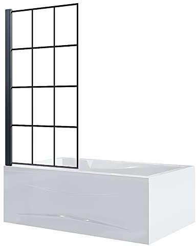 ELEGANT Over Bath Shower Screen Door 800mm Framed Black Square Grid Toughened Safety Clear Glass Bathtub Door Pivot Swing Panel