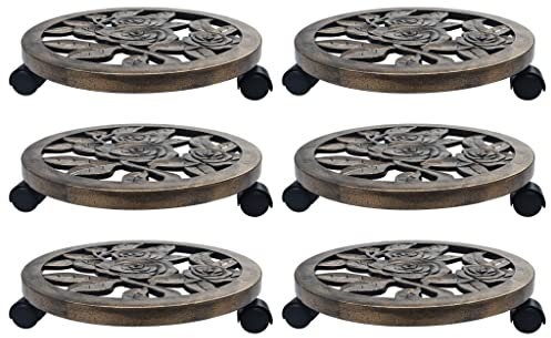 Makastle Pflanzenroller rund, 6er Set, Ø 38 cm, Blumentopfuntersetzer mit Rollen, innen & außen, Witterungsbeständig Blumenroller Outdoorroller Untersetzer Transporthilfe für Pflanzen, Bronze
