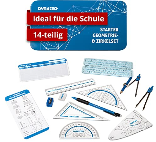 DynaTech Zirkel Set Geometrieset 14-Teilig - Starterset für die Grundschule - mit Zirkel, Geodreieck, Parabel, Bleistift, Lineal, Spitzer und Stundenplan in robuster Metallbox