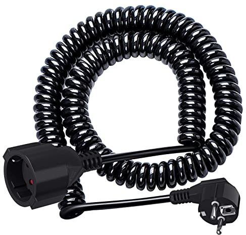 Câble de Rallonge Schuko, Câble Spiralé à Contact de Protection Extensible de 1,25 m à 8 m Max, Câble de d'alimentation IP20(230V/16 A), Câble Spiralé 3 x 1,0 mm² avec Fiche & Pise Schuko, Noir