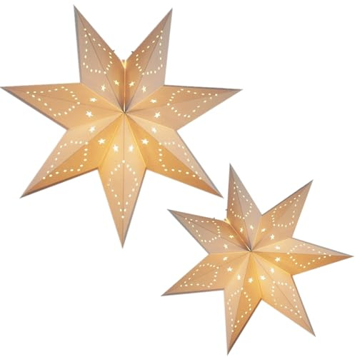 Garayma 7 Point Star Paper Lantern,2PCS Collapsible Handmade Hanging Hollow Star Paper Lantern Lampshades with 10 Ft Power Cord for Christmas Study Room,Party Decor (Cream color, 18inch+30inch)