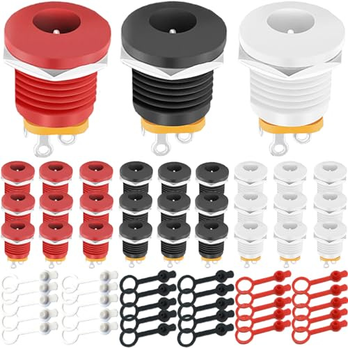 Youmile 30 Stück DC 5,5 x 2,1 mm Buchse Einbaubuchse, versenkte Buchse, 3-polige DC-Buchse, Panelmontage-Anschluss, 6 V, 9 V, 12 V, rot, weiß, schwarz, mit Gummischutzkappen