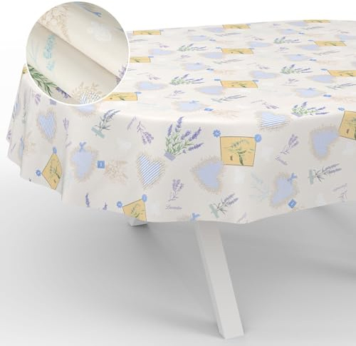 Nappe en Toile cirée, Lavable, pour Table de Jardin, extérieur et intérieur, Ovale, Bord coupé, Lavande - 200 x 140 cm
