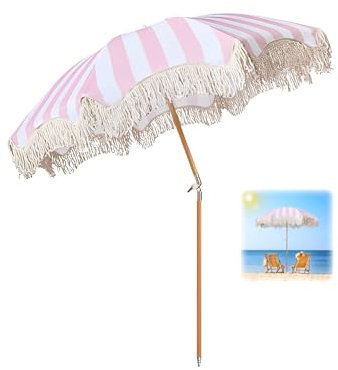 ELZEM 180cm Parasol De Plage Extérieur Parasol De Jardin Avec Frange Rose Parasol Balcon Anti Uv Parasol À Frange Inclinable Parasol Terrasse Anti Vent Pour Plage Prairie Piscine/Sac De Transport