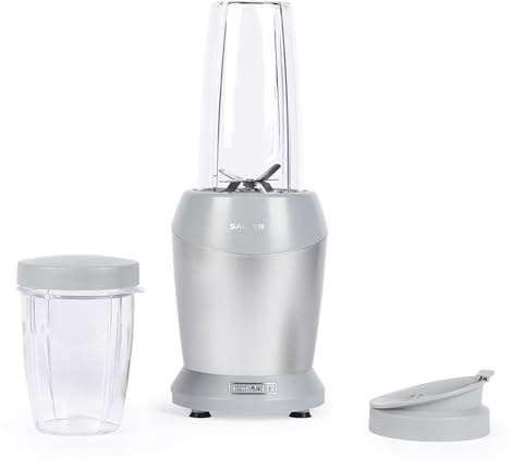 Salter Aspen NutriPro Mini Smoothie Maker, ideal für Protein Shakes, Säfte und Cocktails, Kompakter Mixer mit 1L Mixbehälter, 800ml BPA-frei To-Go Becher, 1000W Leistung, inkl. Aufbewahrungsdeckel | Reisebecher, 800 ml, BPA-frei, Trinkdeckel, Edelstahlklinge, 6 abnehmbare Flügel, Handwäsche, Getränke einzeln