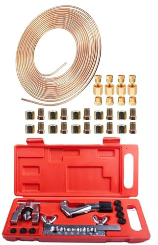 AXILYZE Outil d'évasement de tuyau de frein, kit d'évasement de tuyau de frein, avec 10 m de tuyau de frein revêtu de cuivre de 10 m et 32 raccords de tuyau de frein, idéal pour les systèmes de frein
