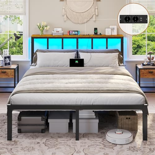 Brinlawb Struttura Letto Matrimoniale 160x200 cm con Luce LED e Stazione di Ricarica (2 Prese CA, 2 Porte USB) Struttura Letto 160x200 cm con struttura in metallo, Forte e stabile, Facile da montare