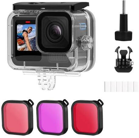 60M/196FT Wasserdichtes Gehäuse für Go pro Hero 12/11/10/9Black Schutzgehäuse für 60M Unterwassertauchen,Go pro Hero 13/12/11/10/9 Black mit 3 Filtern+6 Anti-Beschlag-Tuch