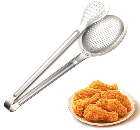 Frying Spoon Strainer, 2 in 1 Stainless Steel Strainer Spoons, Kitchen Tong with Skimmer Spoon, Comfortable Grip Metal Skimmer Strainer, Ladle for Home Cooking, Cooking Strainer Spoon, Stainless