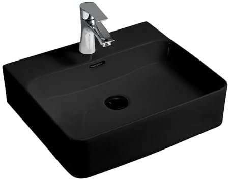 Eckiges Design Handwaschbecken hochwertige Keramik modern & stilvoll durch dünnen Rand 60 x 42 cm Waschtisch Wandhängend schwarz