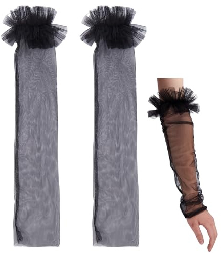 CABODYALS 1 Paar Schwarze Armmanschetten Aus Spitze Im Gothic Stil Aus Durchsichtigem Abnehmbarem Tüll Bauschig Fingerlos Abnehmbar Langes Netz Vintage Punk Handschuh Für Frauen Hochzeit Lolita Kleide
