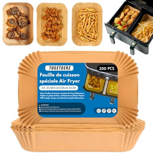 TOGETDERZ 200PCS Feuilles de Cuisson Jetables pour Friteuse à Air, 8x5.5'' Papier Sulfurisé Rectangulaire Anti-Adhésif, Résistant à l'Huile, Compatible avec Ninja DZ201, DZ401, FG551, PowerXL, Instant