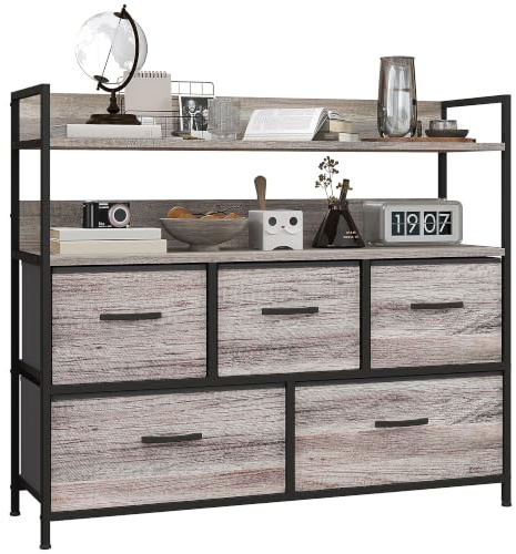 HOMCOM Kommode mit 5 Schubladen aus Stoff, Aufbewahrungsschrank, Grau | Kommodenschrank mit 2 Regalen, Stahlgestell, Industrie-Design, für Wohnzimmer, Schlafzimmer