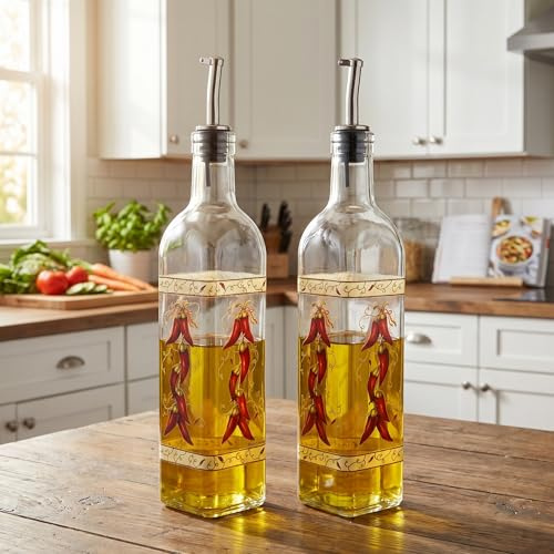 DUSVALLY Oil Bottle Vinegar Cruet Olive Oil For Kitchen Cooking 2 PACK 17oz，Chili