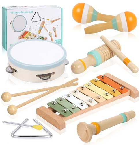 Strumenti Musicali Bambini, Giochi Montessori Sensoriale in Legno, Tamburo Bambino Xilofono Maracas, Tambourine Percussioni Giochi Bambini, Natale e Compleanno Regalo Bambino 1 2 3 Anno