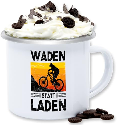 Emaille Tasse Blechtasse - Radsport - Tassen - Waden statt Laden Vintage - 300 ml - Weiß Silber - rad fahrrad mountainbike kaffeetasse rennrad für fahrradfahrer radel radfahren fahrradmotiv bike