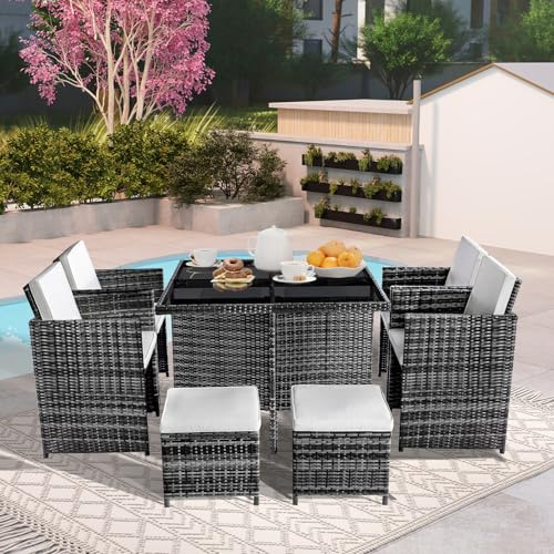 Chiidou 8 Seater Rattan Cube Garden Furniture Set, Outdoor Dining Set with Cushions, Space Saving Wicker Furniture with Chairs, Stools, Glass Top Table for Conversation Backyard Poolside Balcony