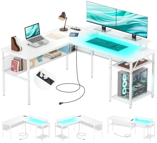 iSunirm Escritorio de Esquina Ordenador,140 x 116 x 76cm Escritorio en L con Enchufes y Puerto de Carga USB,Mesa en L con Estante para Monitor para Oficina en Casa,Blanco
