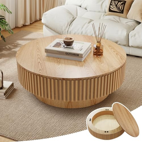 39.37'' Round Coffee Table with Storage, Modern Wooden Fluted Circle Coffee Table Oak Unique Drum Center Table Wood Circular Tea Table for Living Room, Office, Small Apartment, Natural Wood