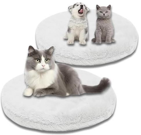 Kuschelige, beruhigende Katzenbett-Decke, waschbar, luxuriöse Katzenmatte, weich, flauschig, Premium-Flanell, Haustierkissen, doppelseitig, warmes Hundebett (weiß, S-43 cm, rund)