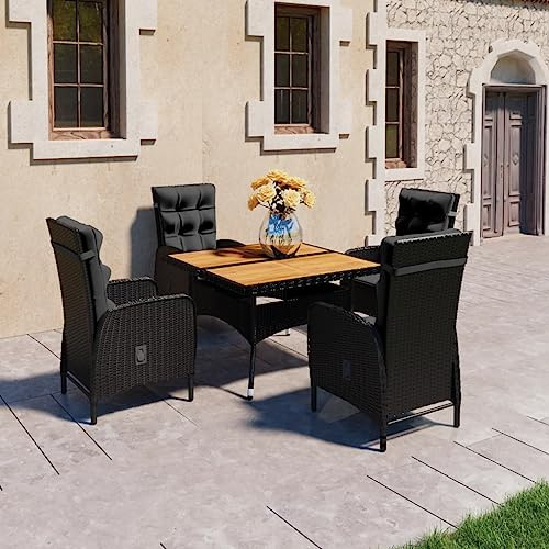 SKTQYQO Gartenmöbel-Set, 5-teilig, Polyrattan und Akazie, schwarz, Gartenmöbel-Set für den Außenbereich, Terrassen, Terrassen