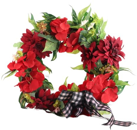 Fictory Guirnalda de geranio artificial con flores rojas, corona de primavera y verano para decoración colgante de pared de puerta delantera, ratán y decoraciones florales de seda para interiores y