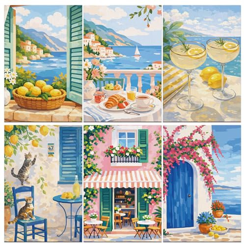 Kaieteur Paquete de 6 kits de pintura por números para adultos, kit de pintura al óleo para niños o principiantes con pinceles de pintura acrílica, pintura de dibujo de pigmentos acrílicos, 20 x 30 cm