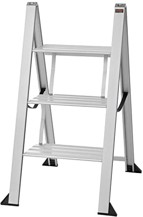 Alu Trittleiter Vikingstep Maxi von W.Steps I 720mm hoch I Belastbar bis 150kg I Kompakte Aluminium Klapptrittleiter mit 2 Stufen I Nur 35mm breit I 728143