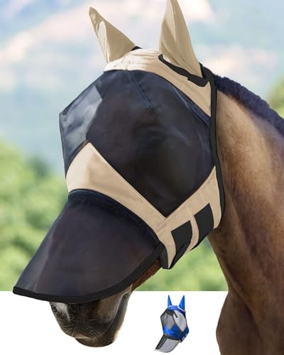 Harrison Howard CareMaster Pro Leuchtendes Pferde Fliegenmaske Lange Nase mit Ohren UV-Schutz für Pferd-Light Champagne
