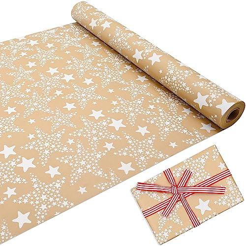 15 m rulle med kraftvit superstjärna omslagspappersrulle, 100 % återvinningsbar eco gåva för födelsedagspresent fest juldekorationer (15 m x 43 cm)