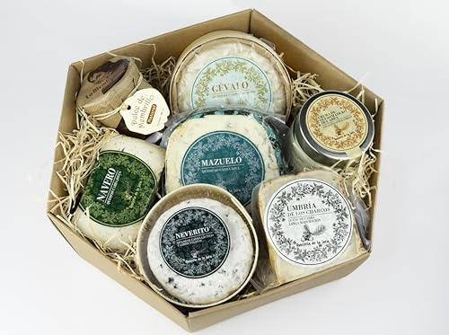 Cesta de Quesos Gourmet para Regalar. Queso de Cabra 100% Natural, sin aditivos. Queso de leche recién ordeñado. Tradicional, Origen Español. 6 Variedades de Queso + Regalo Dulce de Membrillo.