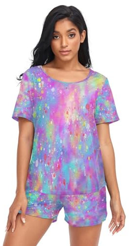 HMZXZ Damen Schlafanzug-Set Abstract Bunt Binden Farbstoff Sommer Pyjama Woman Set,Aquarell Loungewear und Shorts Lounge Set Sleepwear Nachtwäsche