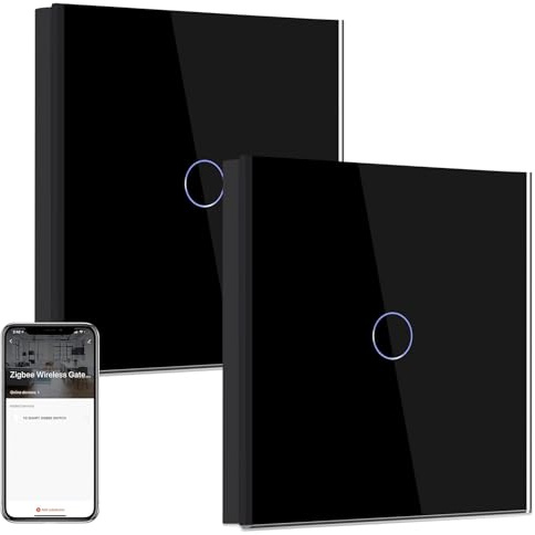 BSEED Smart ZigBee Interruptor, Interruptor de Pared Inteligente Compatible con Alexa y Google Home, Interruptor Empotrado 1 Gang 2 Vías Nero(Requiere Hub)2 Piezas