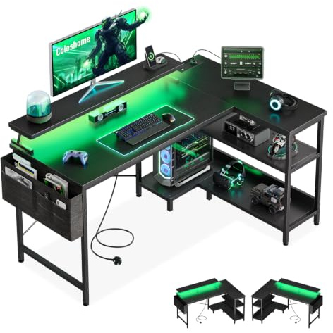 Coleshome L Shaped Gaming Desk with LED Lights & Power Outlet, 120x80 cm